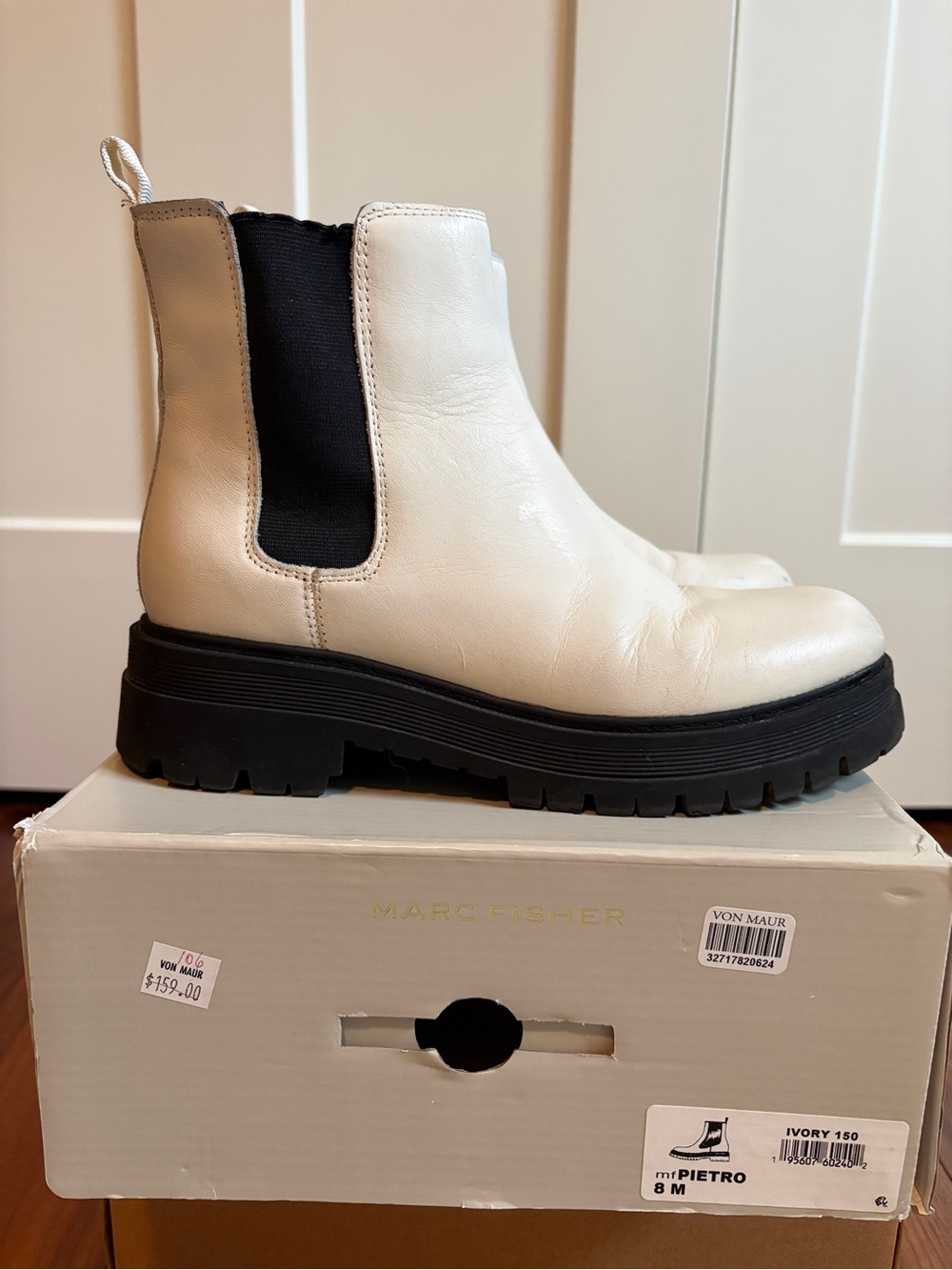 Marc Fisher Ivory Leather Chelsea Lug Booties with Black Elastic
